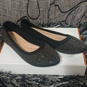 Black Rhinestone Ballet Flats - Women Shoes
